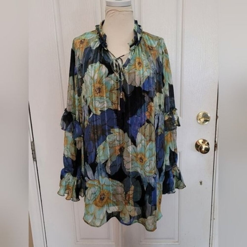 2 Piece Susan Graver Blouse Chiffon Top Blue Floral  Tank Top Career Work 1X